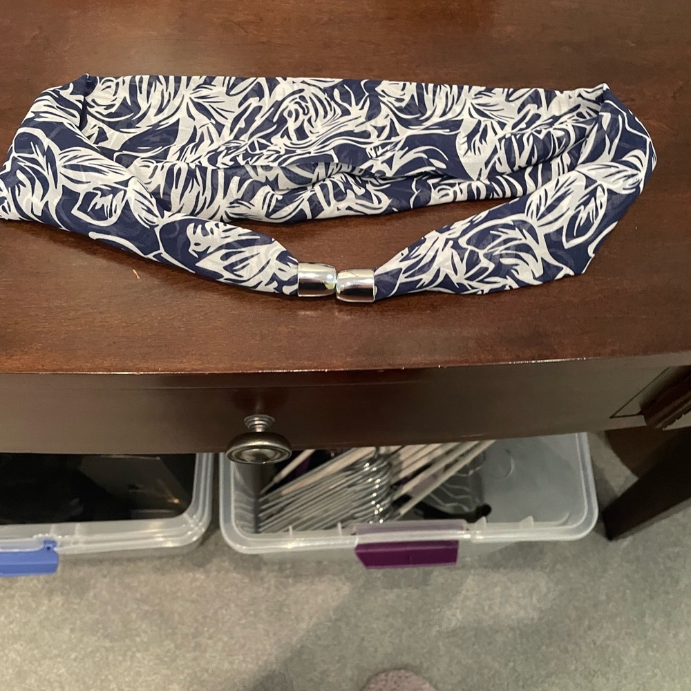 Navy and White Patterned Scarf with Metal Clasp Closure
